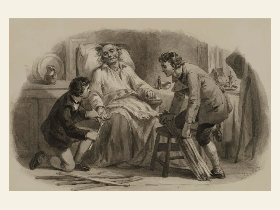 An elderly father in bed teaches two sons using single sticks and a tied bundle.