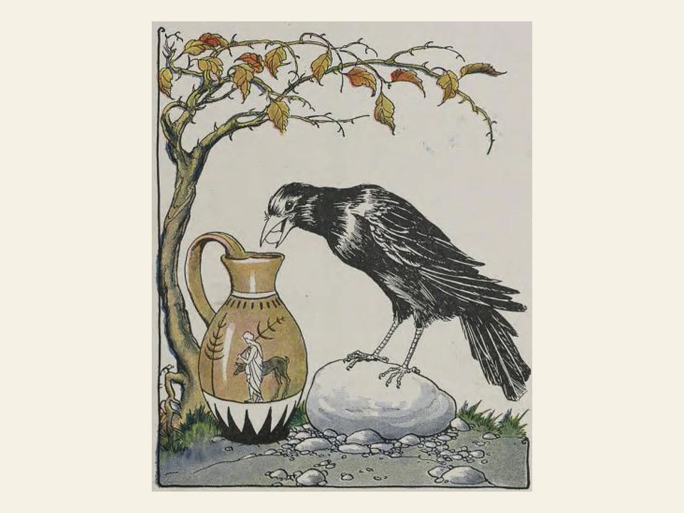 A crow stands beside a decorated pitcher and a pile of stones.