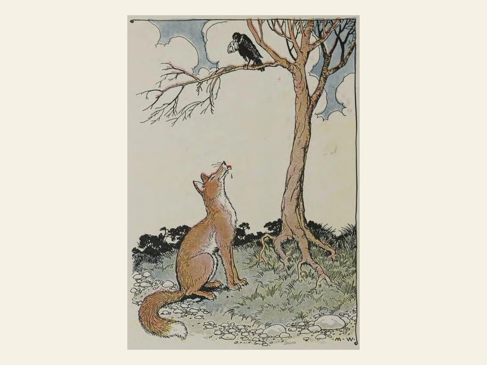 A fox gazes up at a crow perched high in a bare tree.