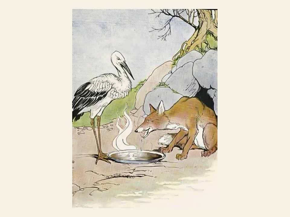 A fox laps from a shallow dish while a stork looks down at the meal.