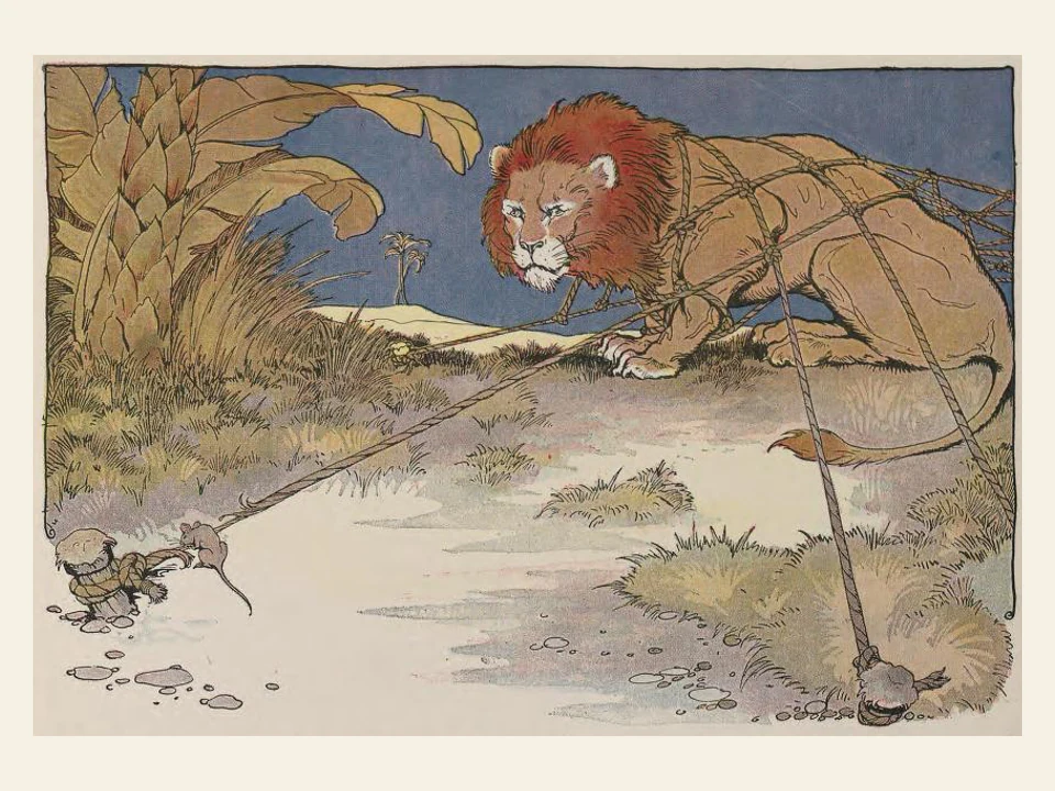 A small mouse approaches a lion caught beneath a rope net.