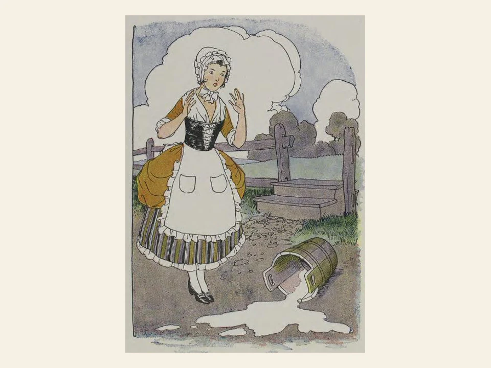 A surprised milkmaid stands beside her overturned pail and spilled milk.