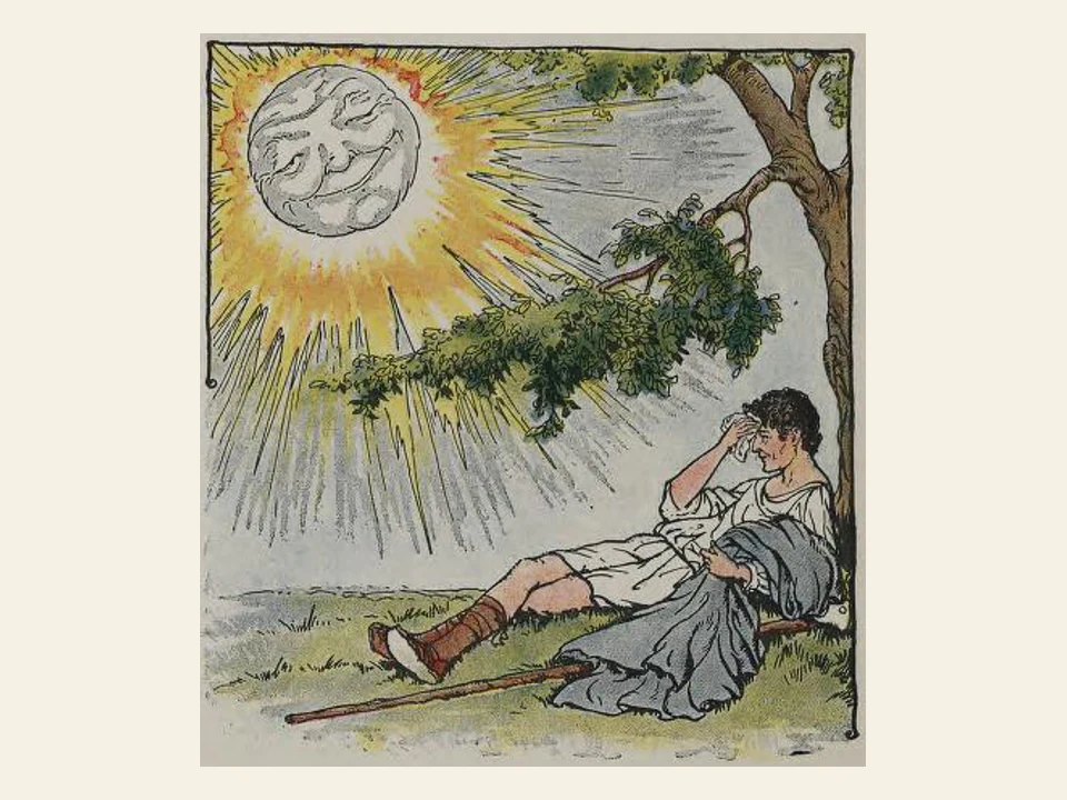 The sun shines warmly on a traveler resting beneath a tree with his cloak removed.