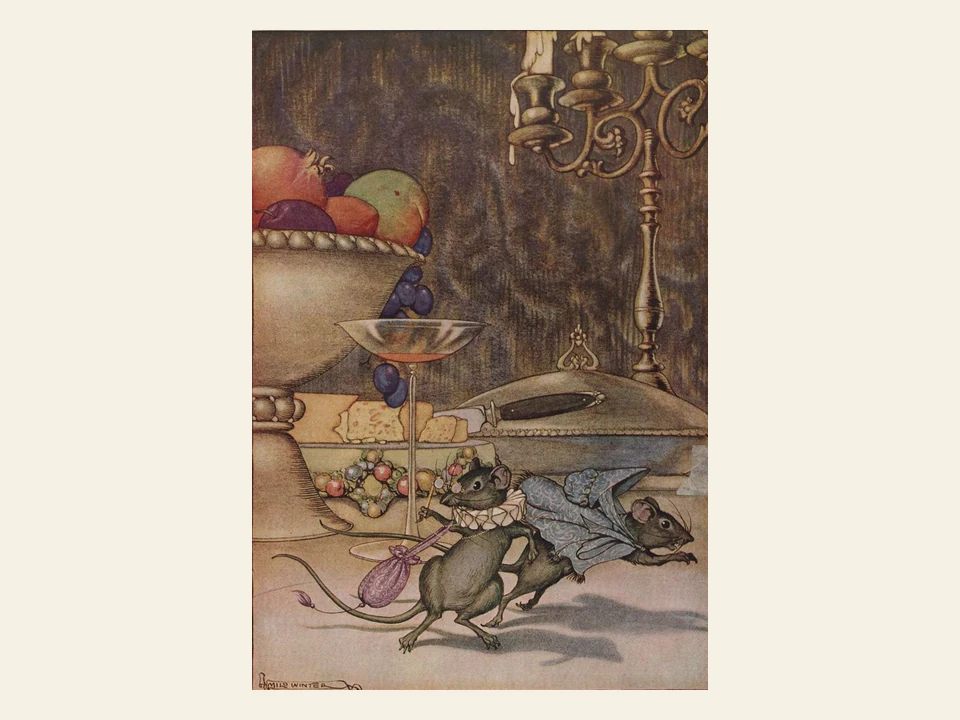Two mice hurry away beneath a richly set dining table in a town house.